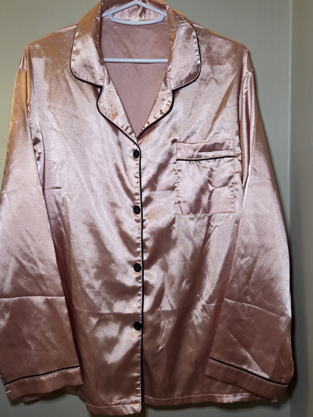 Pink Satin Pajama Set with Black Contrast Piping XL, Top & Pants